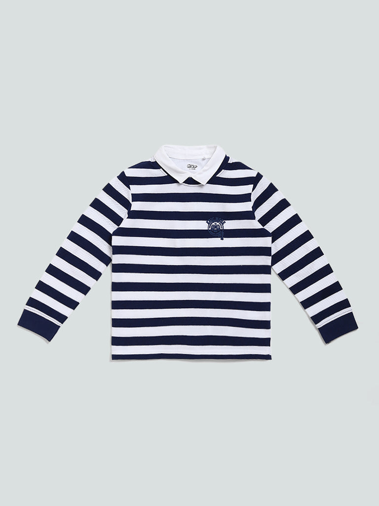 HOP Kids Striped Navy Blue Printed T-Shirt