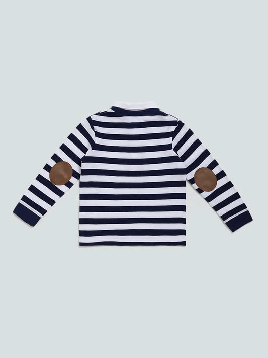 HOP Kids Striped Navy Blue Printed T-Shirt