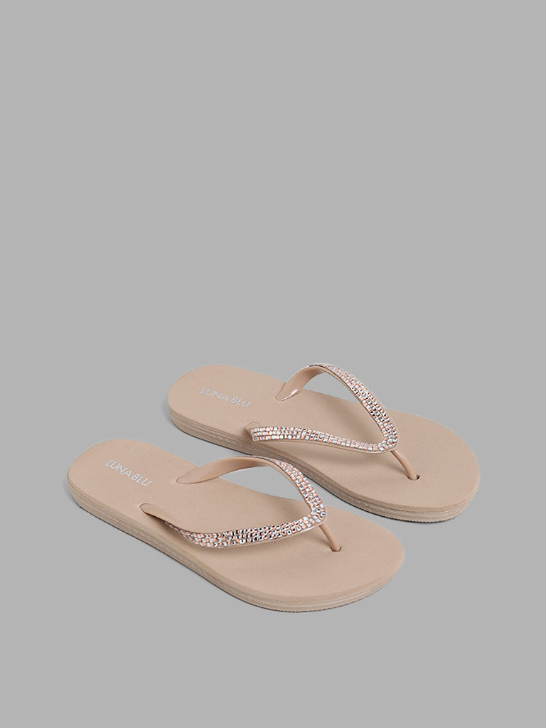 LUNA BLU Tan Embellished Flip Flop