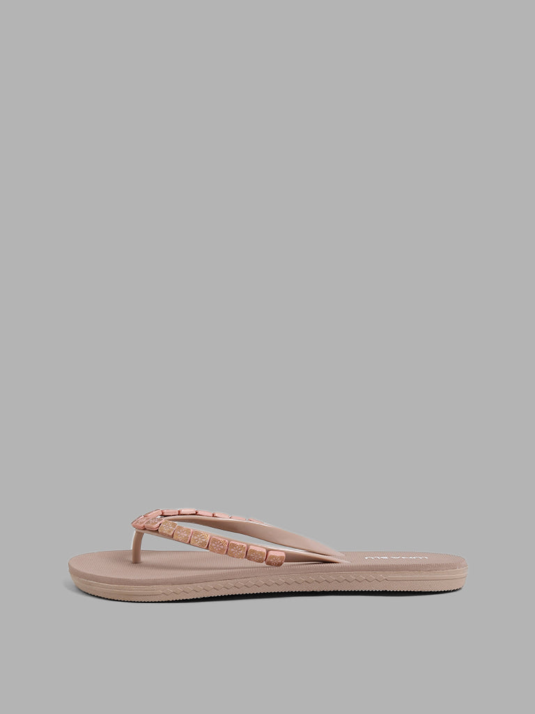 LUNA BLU Beige Beaded Accent Flip Flop