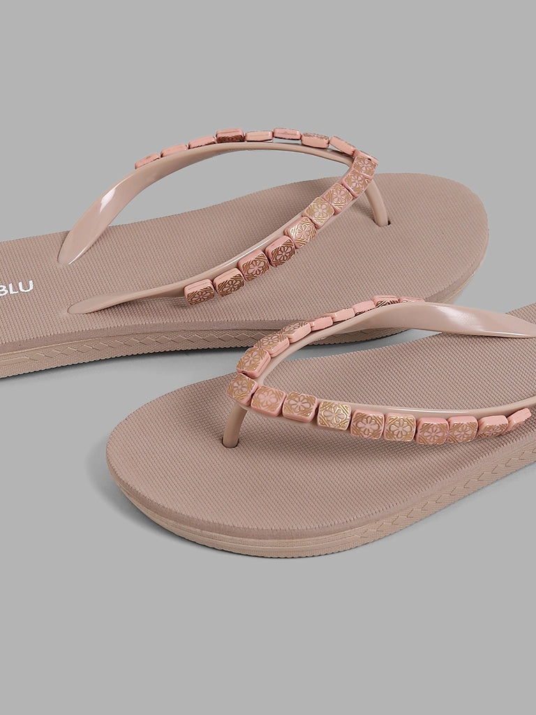 LUNA BLU Beige Beaded Accent Flip Flop