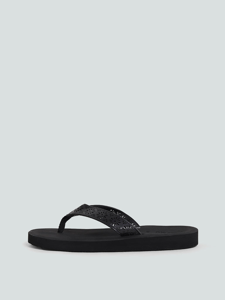 LUNA BLU Laser Cut Black Soft Footbed Flip Flop