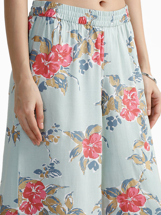 Utsa Floral Printed Aqua Blue Palazzos