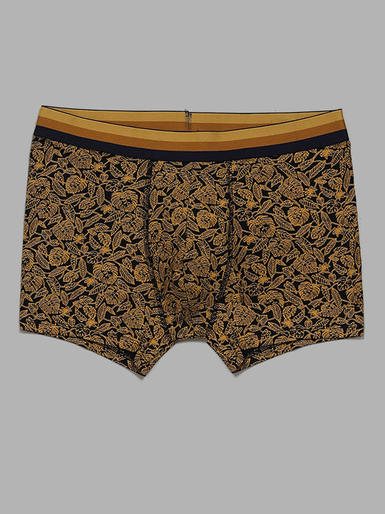 WES Lounge Print & Solid Mustard Cotton Blend Trunks - Pack of 3