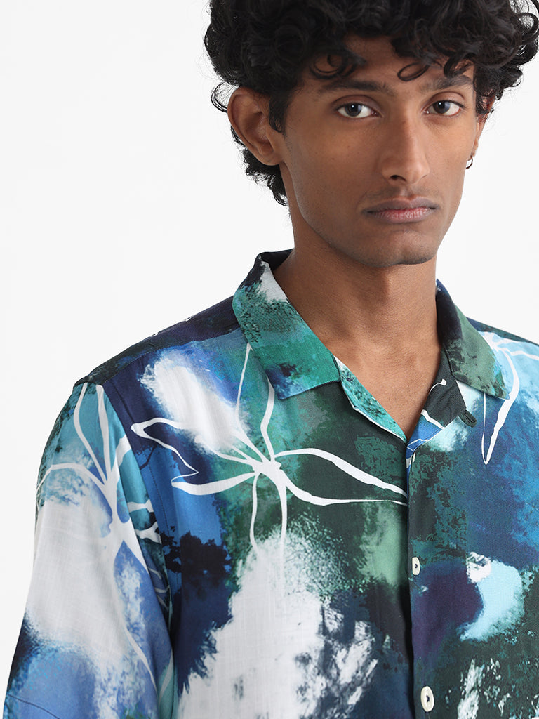 Nuon Navy Blue and White Multicolored Printed Relaxed-Fit Shirt