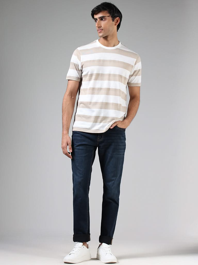 WES Casuals Beige & White Striped Relaxed-Fit T-Shirt