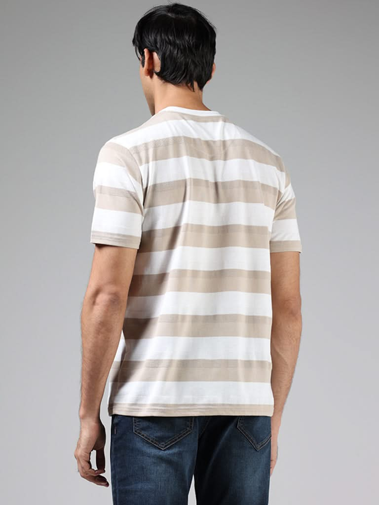 WES Casuals Beige & White Striped Relaxed-Fit T-Shirt