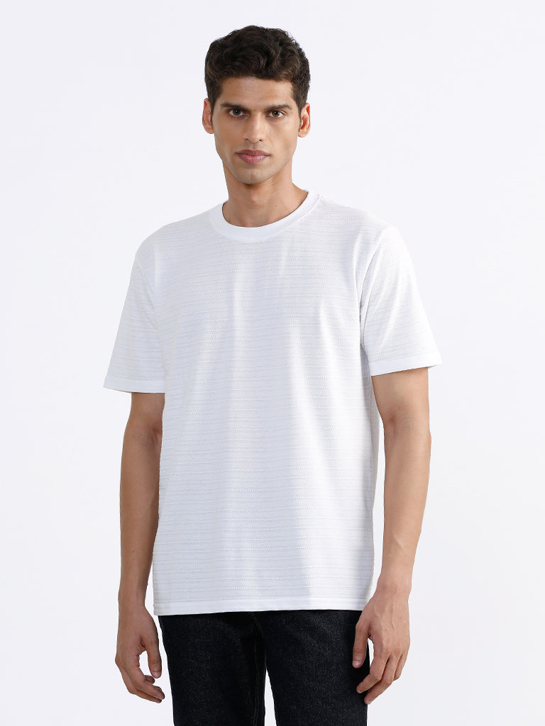 WES Casuals Solid White Cotton Blend Relaxed-Fit T-Shirt