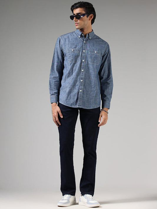 WES Casuals Blue Cotton Relaxed-Fit Shirt