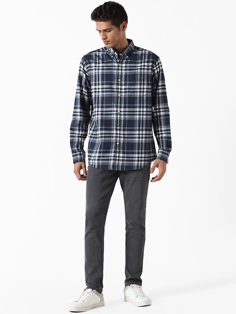 WES Casuals Checked Dark Blue Relaxed-Fit Shirt