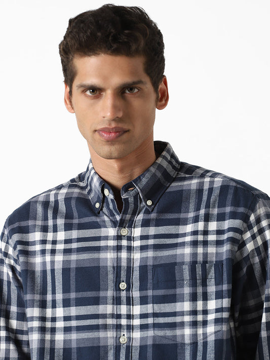 WES Casuals Checked Dark Blue Relaxed-Fit Shirt