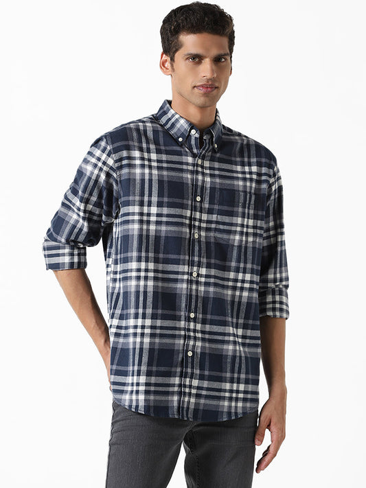 WES Casuals Checked Dark Blue Relaxed-Fit Shirt