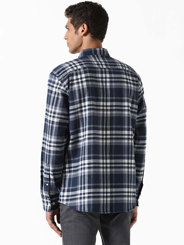 WES Casuals Checked Dark Blue Relaxed-Fit Shirt