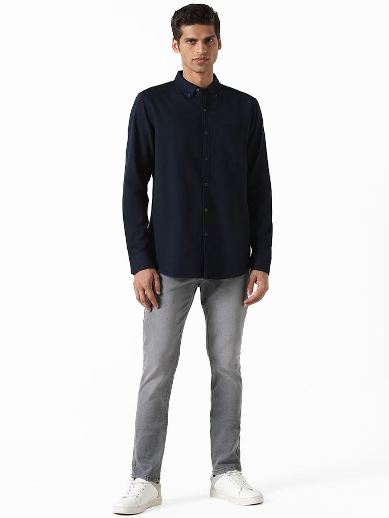 WES Casuals Solid Navy Blue Slim-Fit Shirt