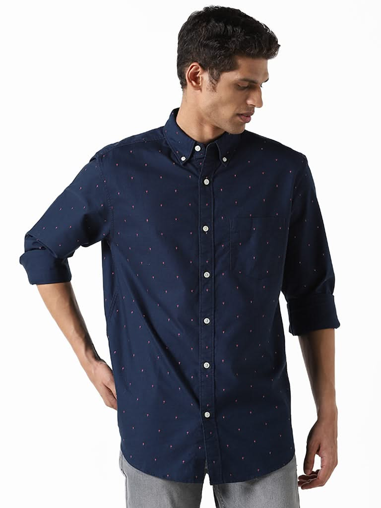 WES Casuals Printed Navy Blue Relaxed-Fit Shirt