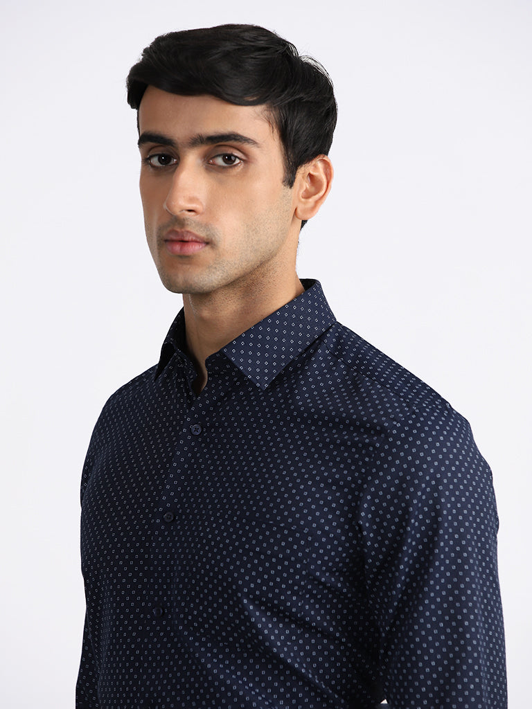 WES Formals Printed Slim-Fit Navy Shirt