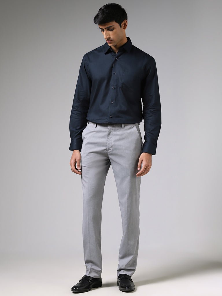 WES Formals Dobby Navy Cotton Relaxed-Fit Shirt