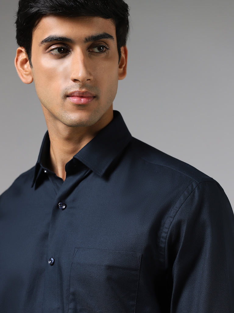 WES Formals Dobby Navy Cotton Relaxed-Fit Shirt