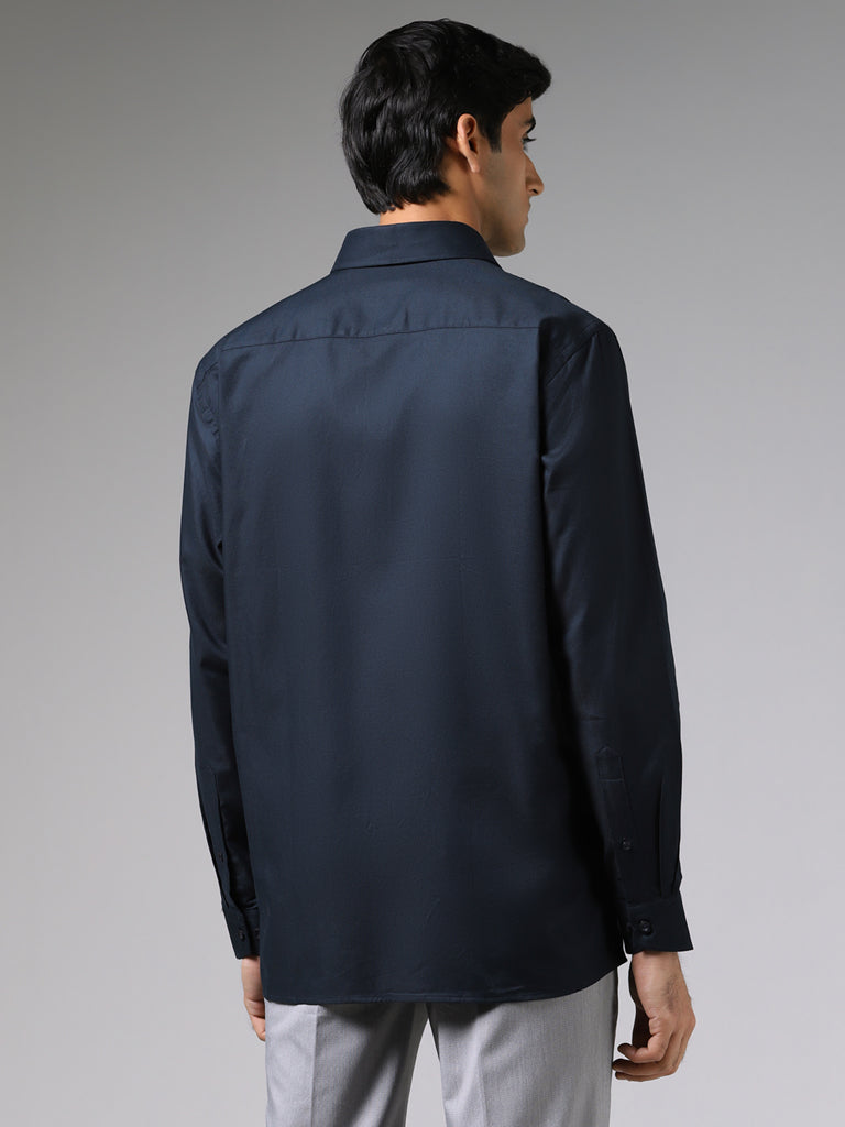 WES Formals Dobby Navy Cotton Relaxed-Fit Shirt