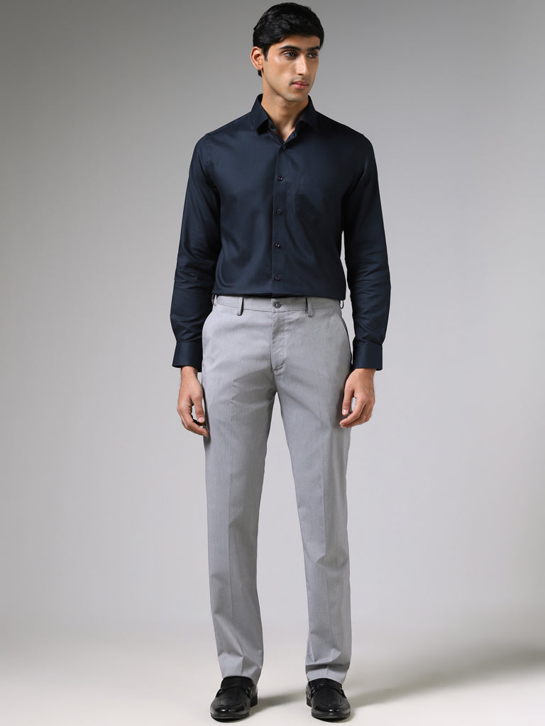 WES Formals Dobby Navy Cotton Slim-Fit Shirt