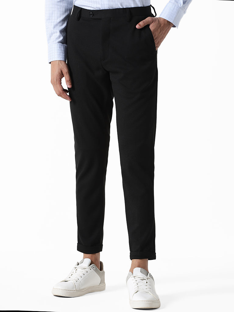 WES Formals Solid Black Slim-Fit Mid-Rise Trousers