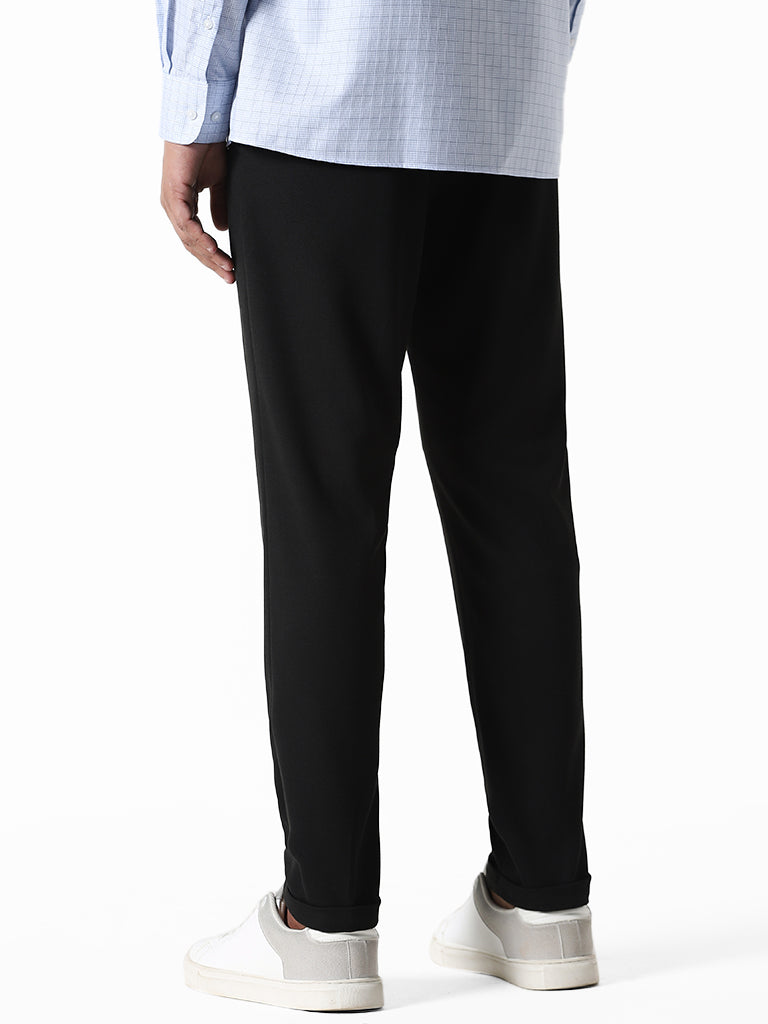 WES Formals Solid Black Slim-Fit Mid-Rise Trousers