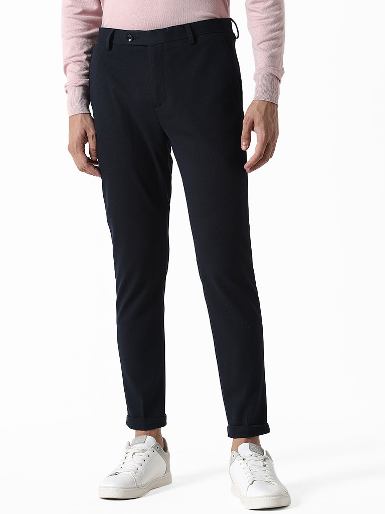 WES Formals Solid Navy Slim-Fit Mid-Rise Trousers