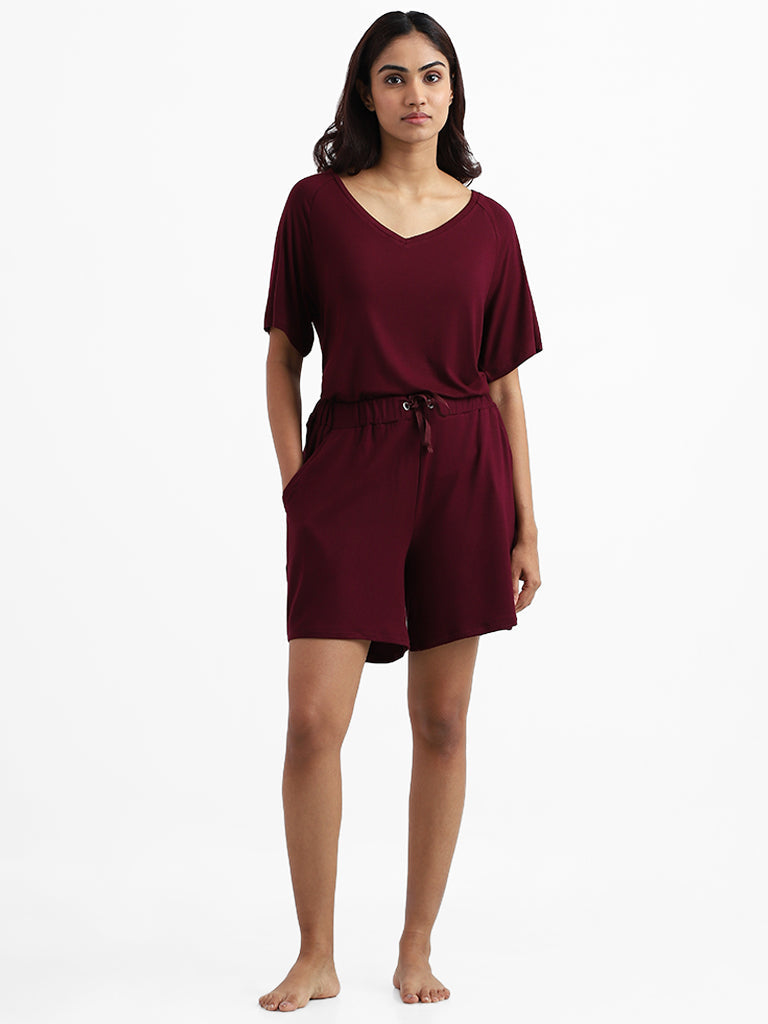 Wunderlove Sleepwear Supersoft Burgundy Claret Lounge Shorts