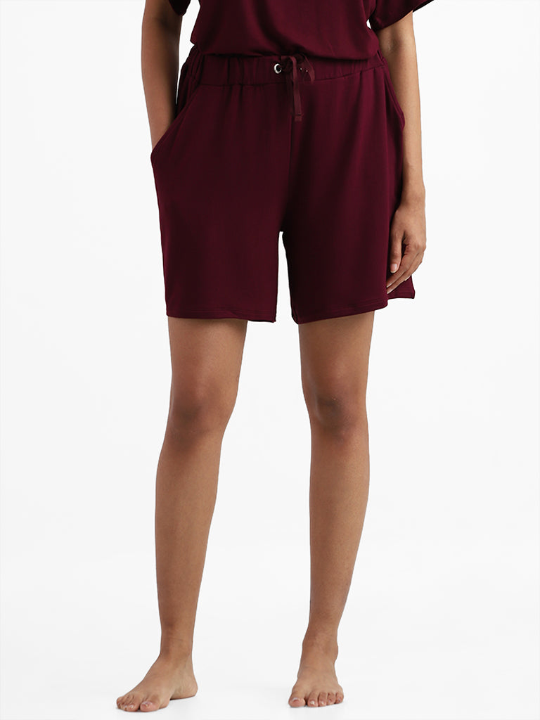 Wunderlove Sleepwear Supersoft Burgundy Claret Lounge Shorts