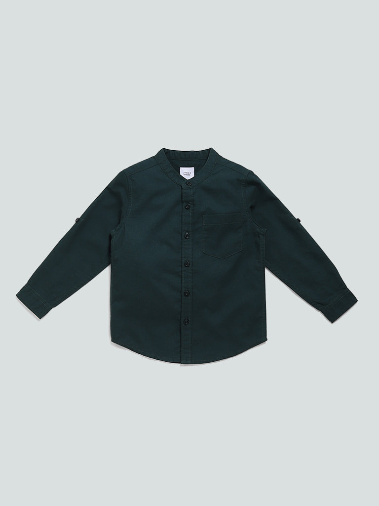 HOP Kids Plain Emerald Green Band Collar Shirt