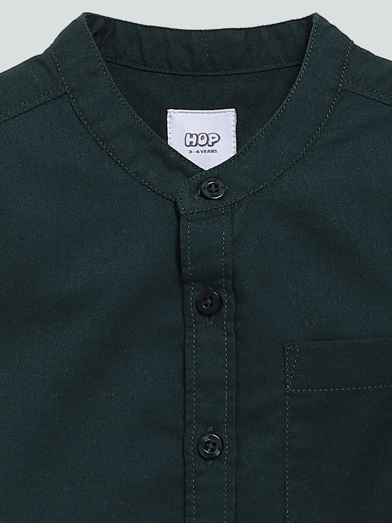 HOP Kids Plain Emerald Green Band Collar Shirt