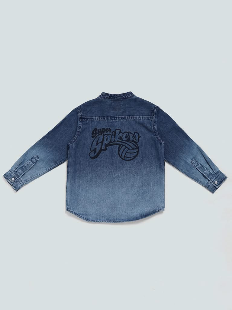 HOP Kids Mid Blue Ombre Typographic Printed Denim Shirt