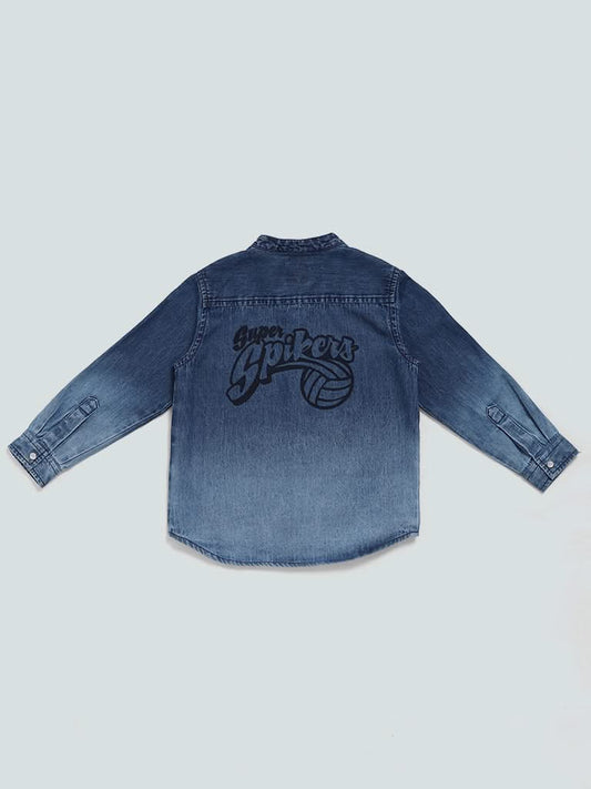 HOP Kids Mid Blue Ombre Typographic Printed Denim Shirt