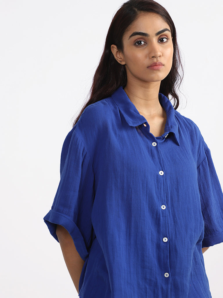 Wunderlove Plain Blue Swimwear Cover Up Shirt