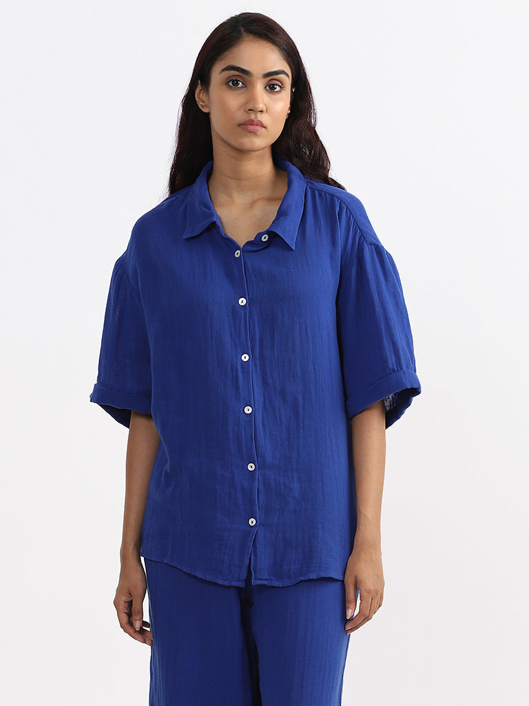 Wunderlove Plain Blue Swimwear Cover Up Shirt