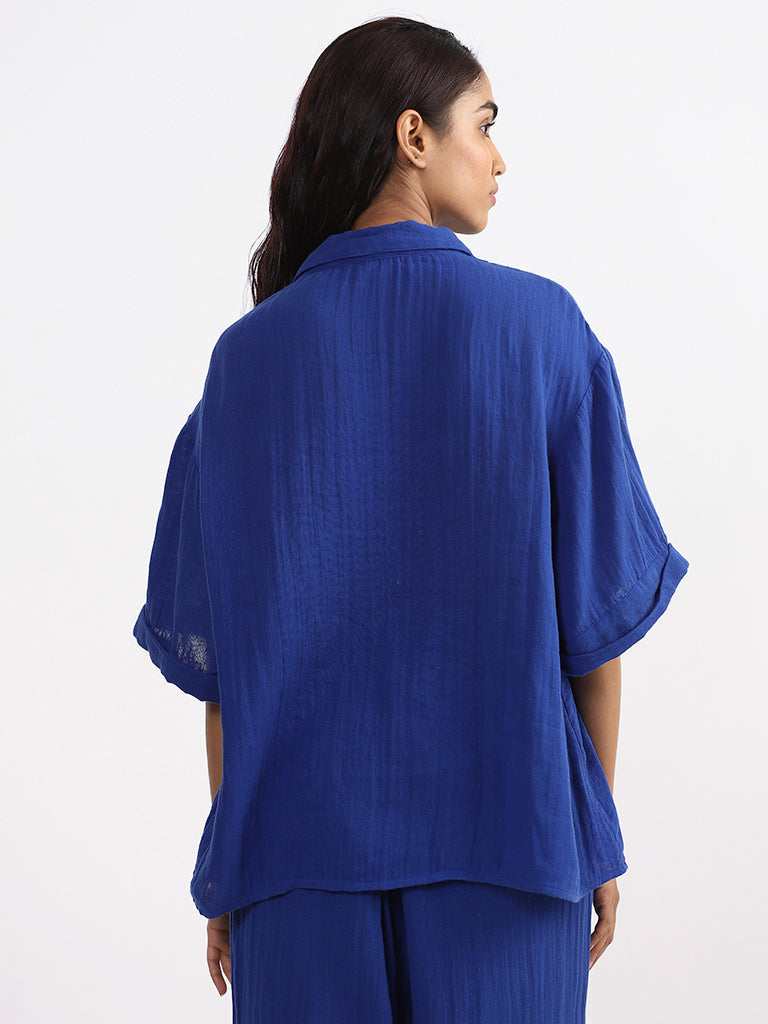 Wunderlove Plain Blue Swimwear Cover Up Shirt