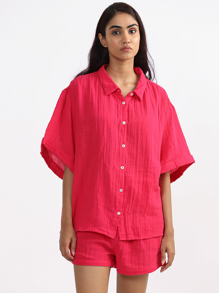 Wunderlove Plain Pink Swimwear Cover Up Shirt