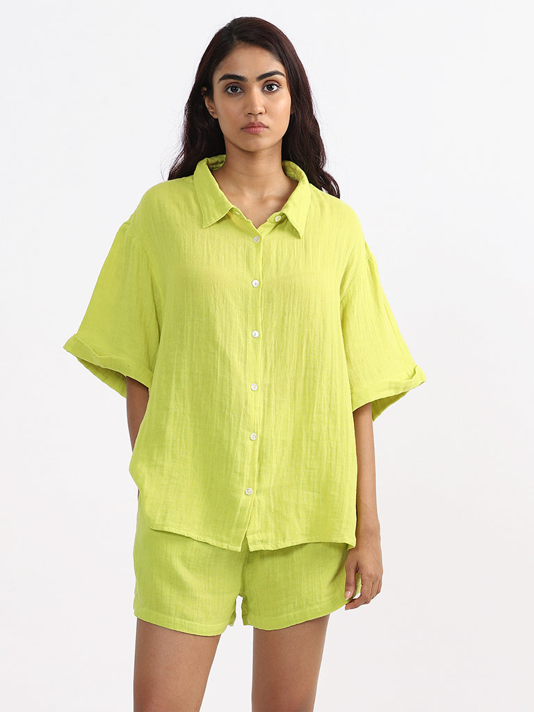 Wunderlove Plain Lime-Colored Swimwear Cover Up Shirt