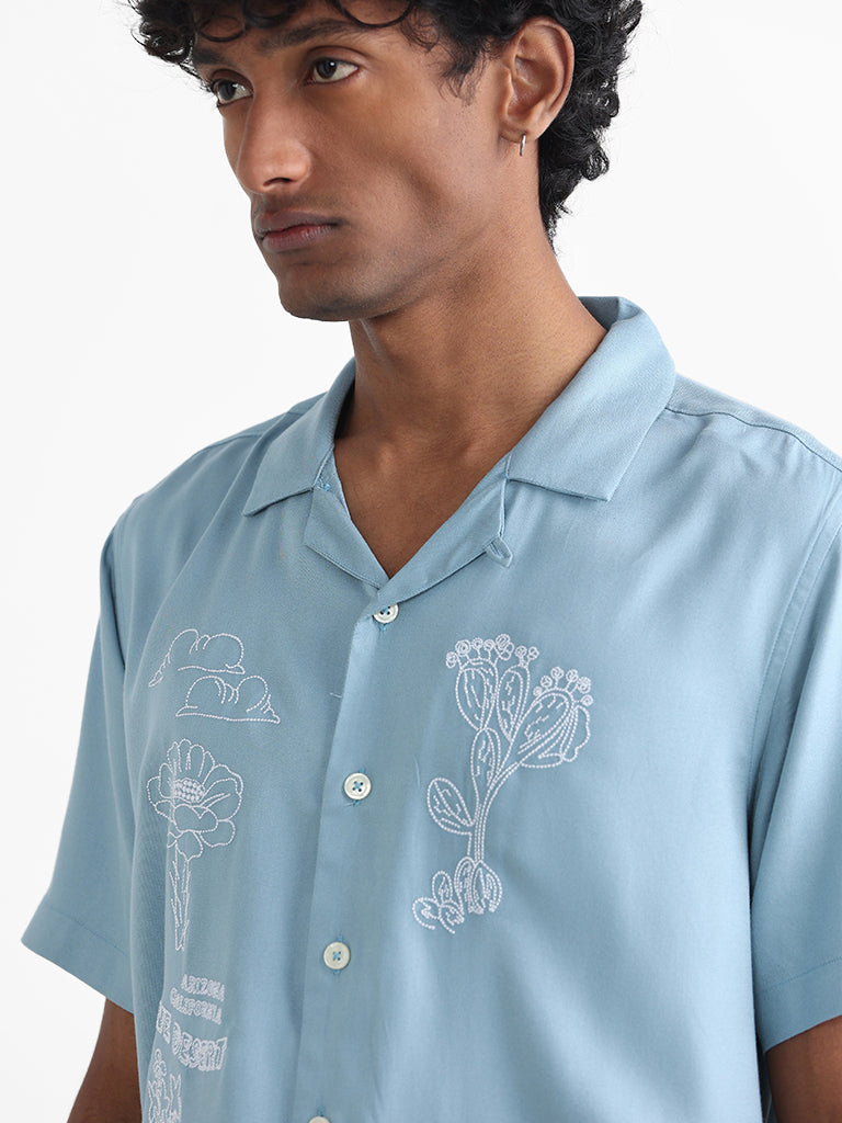 Nuon Light Blue Embroidered Relaxed-Fit Shirt