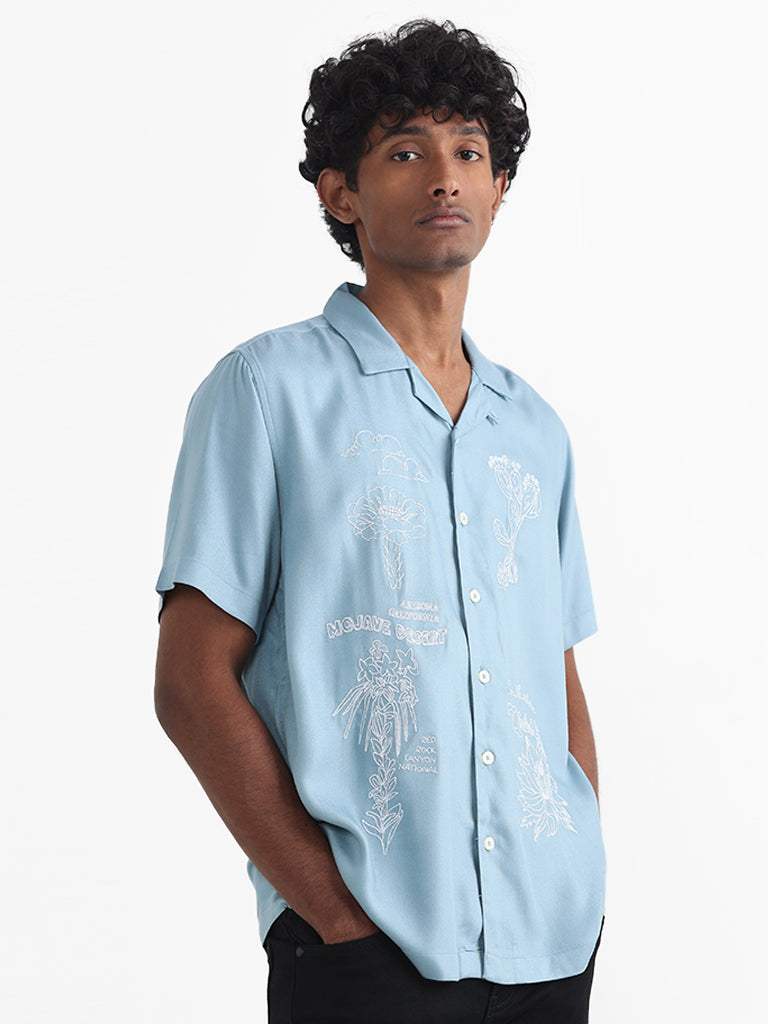 Nuon Light Blue Embroidered Relaxed-Fit Shirt