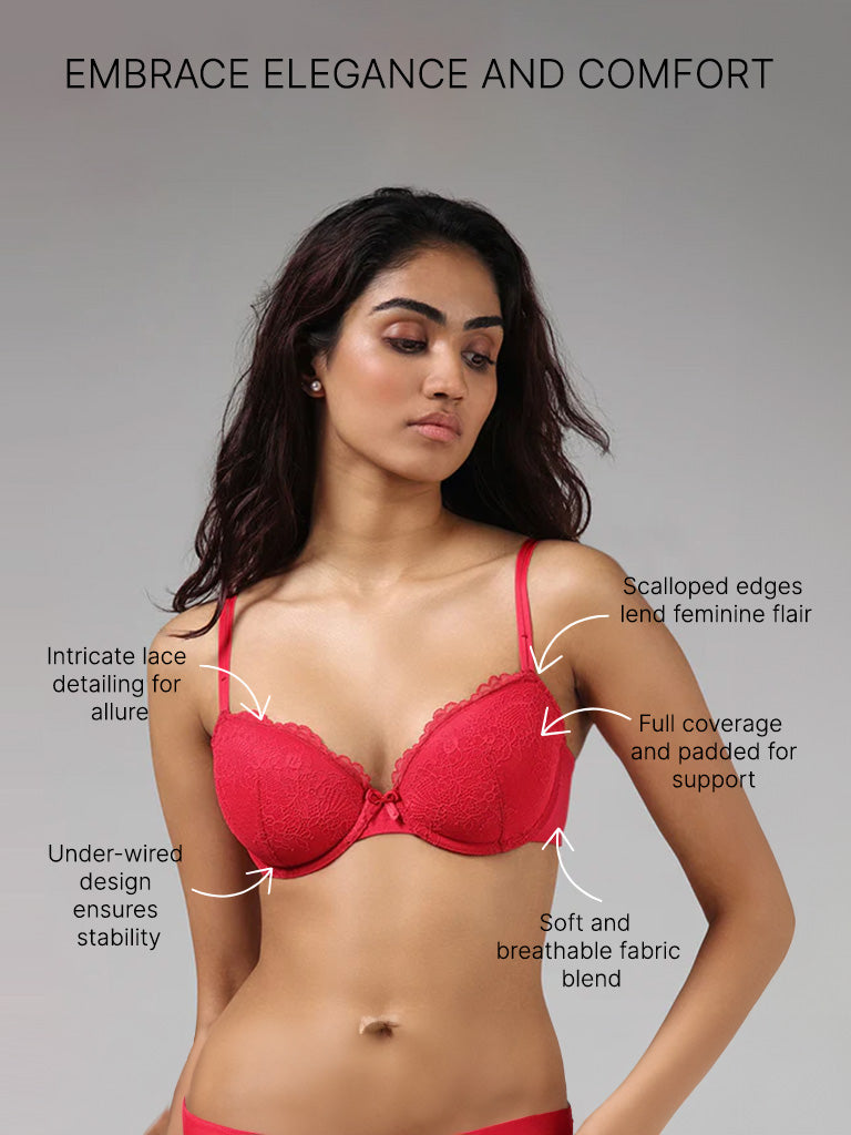 Wunderlove Dark Red Cotton Blend Lace Bra