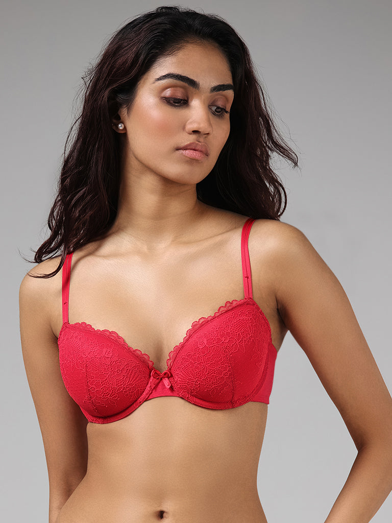 Wunderlove Dark Red Cotton Blend Lace Bra