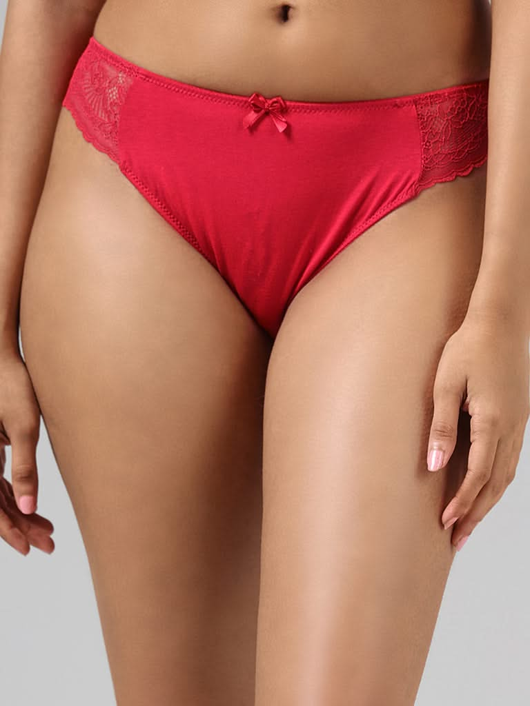 Wunderlove Dark Red Cotton Blend Lace Insert High Leg Brief