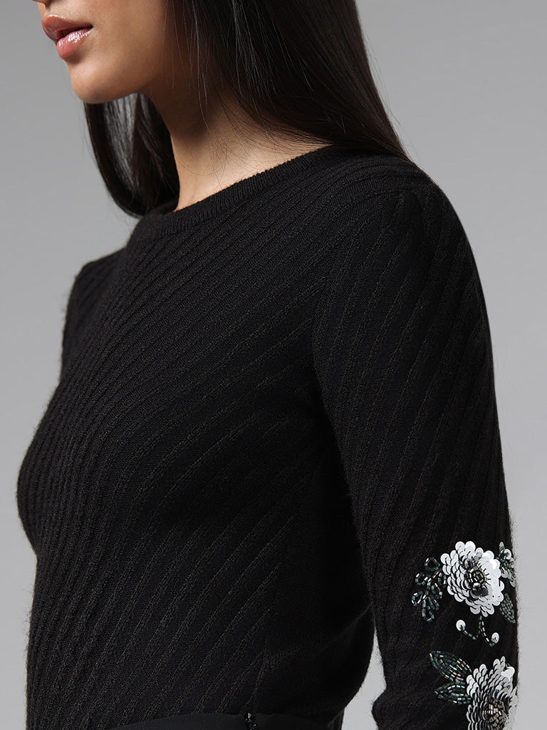 Wardrobe Black Floral Sequin Embroidered Sleeves Sweater