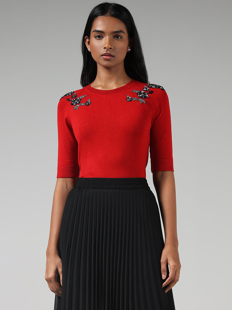 Wardrobe Red Sequin Embroidered Sweater