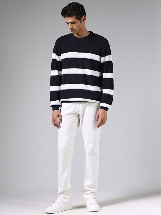 Ascot Navy & White Striped Cotton Relaxed-Fit Sweater