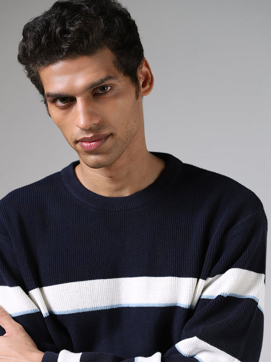 Ascot Navy & White Striped Cotton Relaxed-Fit Sweater