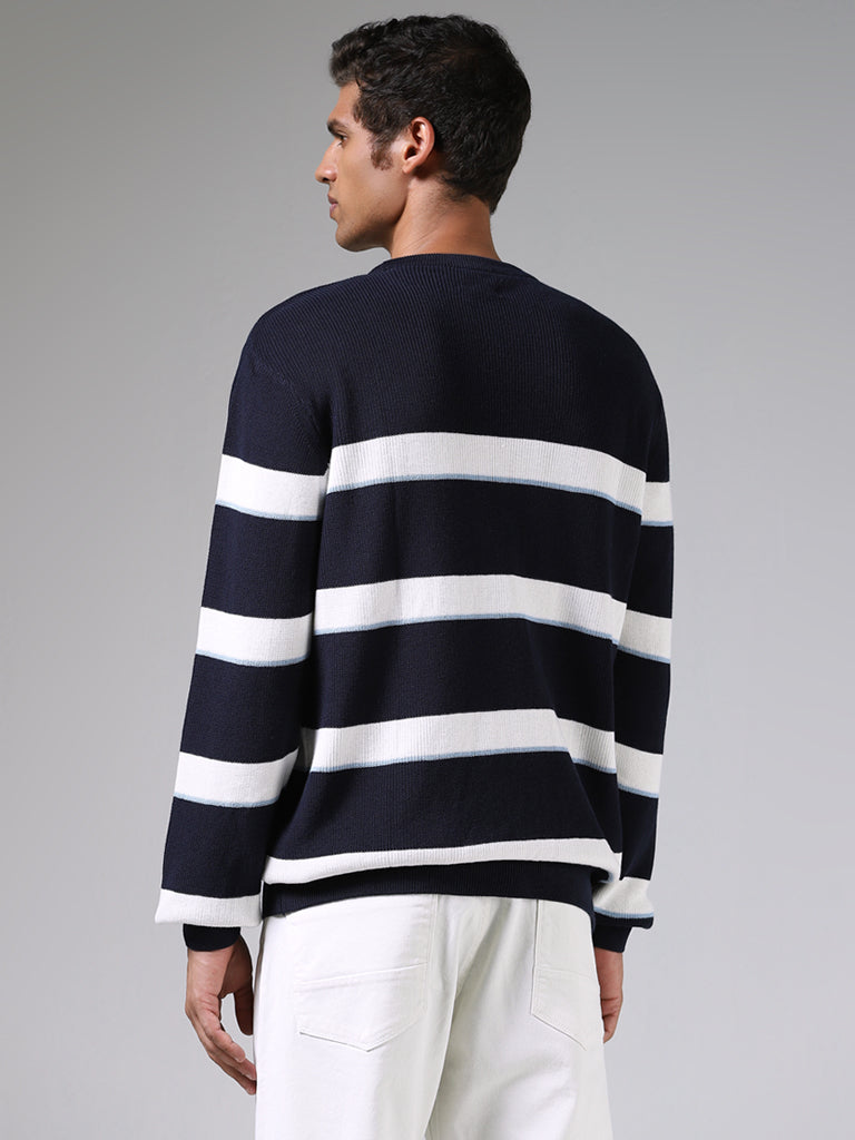 Ascot Navy & White Striped Cotton Relaxed-Fit Sweater