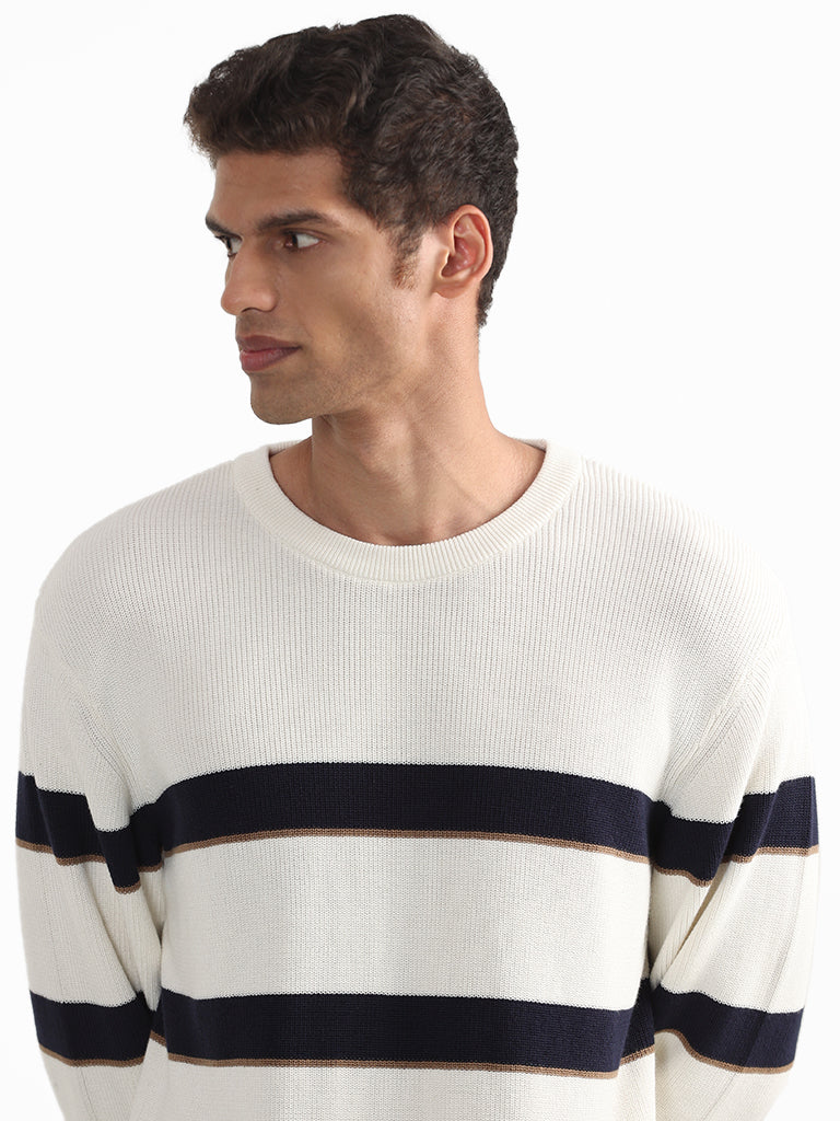 Ascot Striped Off White Crew Neck Cotton Relaxed-Fit Sweater