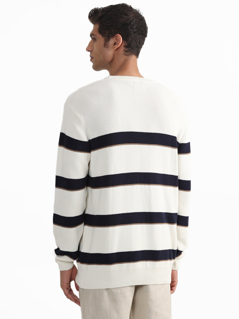 Ascot Striped Off White Crew Neck Cotton Relaxed-Fit Sweater